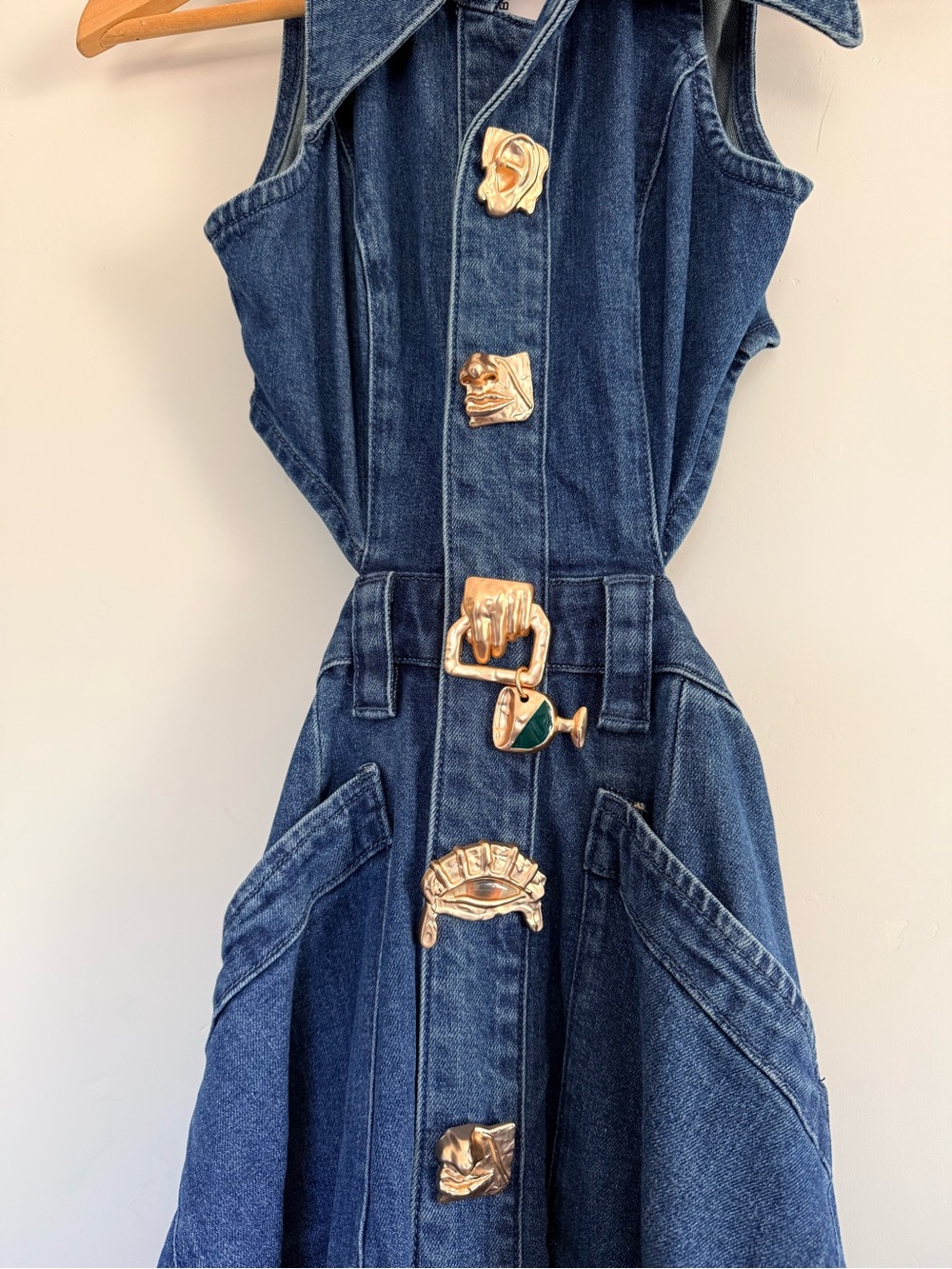 Urban Revivo Cutout Denim Maxi Dress XS Dark Wash Sleeveless Belted Statement - Picture 4 of 5